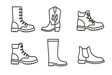 Boot icon set. Collection of different footwear styles in a simple outline vector art. Includes combat, cowboy, hiking, work, rain, and Chelsea boots. Linear shoe illustration.