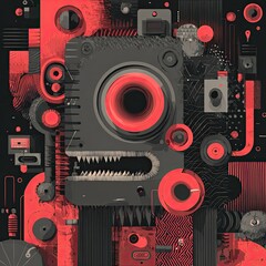 Obraz premium Abstract digital artwork of a mechanical face, featuring a dark gray boxy head with a large red speaker, sharp teeth, and various mechanical components