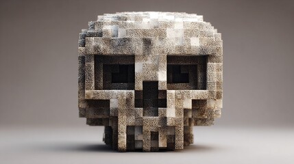 A voxel-style skull rendering, appearing weathered and aged, with a muted grey color palette and subtly textured surface, sits centrally against a neutral backdrop