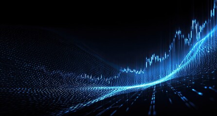 Abstract digital graphic of a flowing chart.  Blue glowing lines and points form a wave pattern over a dark background, resembling financial data visualization