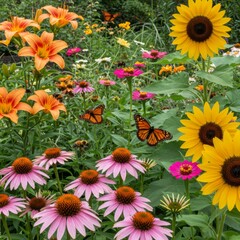 Vibrant Summer Garden with Orange Lilies Sunflowers and Butterflies