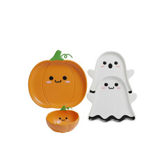 3D Cute kawaii Plate shaped like ghost and pumpkin, halloween design, kawaii style, white background

