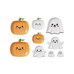 Naklejka premium 3D Cute kawaii&nbsp;Plate set shaped like pumpkins and ghosts, kawaii style, white background