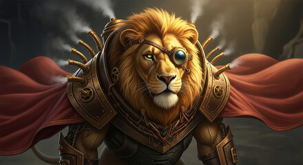Obraz premium Digital illustration of a powerful steampunk lion warrior with a monocle, armor and a red cape in a fantasy setting