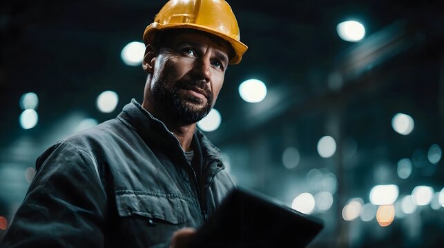 Factory worker monitoring industrial hinery at night