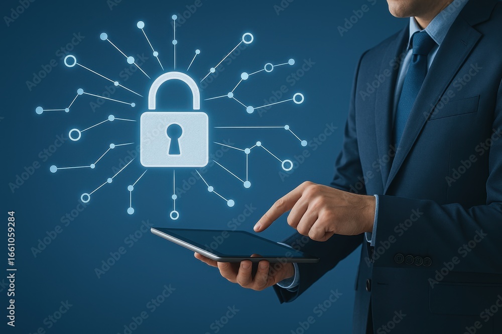 Poster businessman in suit using tablet with digital lock and security network concept displayed in backgro