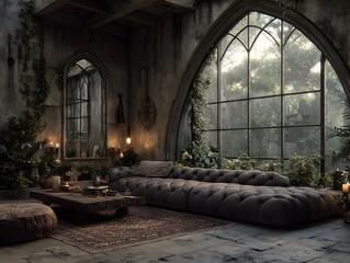 Dark gothic living room with large arched overgrown with vines and a plush tufted couch is serene.