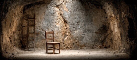 Empty, sunlit cave room with chair and ladder