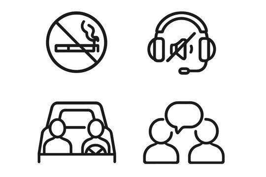 Carpool etiquette outline icon set. Ride sharing rules pictograms. No smoking sign, quiet mode with headphones, passenger communication and driver vector illustrations.