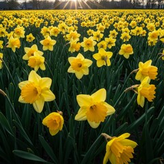 Fototapeta premium Vibrant Yellow Daffodil Field at Sunrise