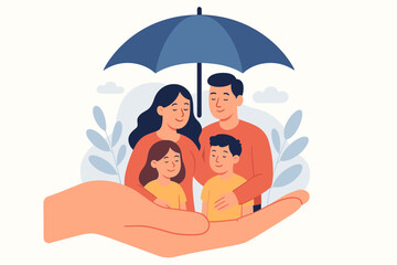 Family life insurance and healthcare concept. Metaphor for protection, safety and support. Giant hand holding parents and children under an umbrella. Financial risk coverage.