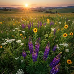 Fototapeta premium Vibrant Wildflower Field at Sunrise
