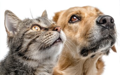 Obraz premium Close-up of a tabby cat and golden retriever, both looking upwards