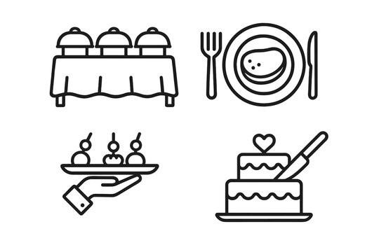 Catering service line icon set. Food delivery and event planning symbols. Buffet table, plated meal, hors d'oeuvres, and wedding cake cutting vector icons for web and print.