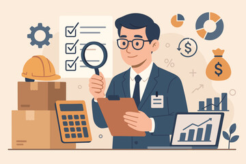 Procurement and asset management concept. Businessman manager purchasing company equipment, goods, and services. Financial audit, checking price, and inventory control.