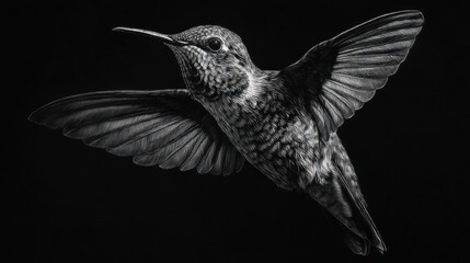 Obraz premium Monochrome hummingbird, wings spread against a stark black background