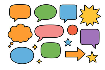 Colorful speech bubble set for communication. Vector cartoon dialog and thought bubbles. Comic book style message quote box collection. Pop art design elements and shapes.