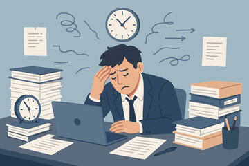 Businessman stress fatigue exhaustion anxiety project deadline frustration headache office workplace pressure overloaded paperwork time management concept busy overworked work stress