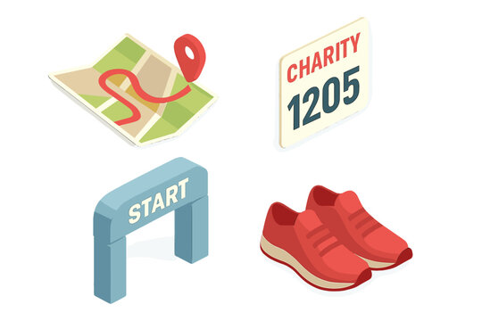 Isometric Charity Walkathon Vector Icons Set – Walking Route Map, Participant Bib Number, Starting Line Arch, Running Shoes, Marathon, Fundraising Event, Flat Design Concept