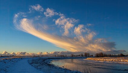 Winter landscape with dramatic clouds at sunset over a river