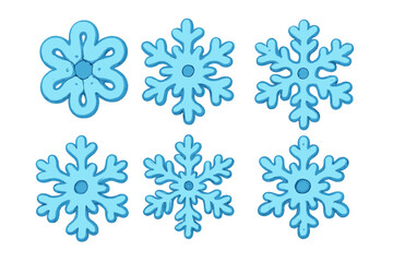 Set of blue decorative snowflakes for winter design. Christmas sugar cookie or fondant icing for baking. Sweet dessert decoration for holiday food. Vector cartoon illustration.