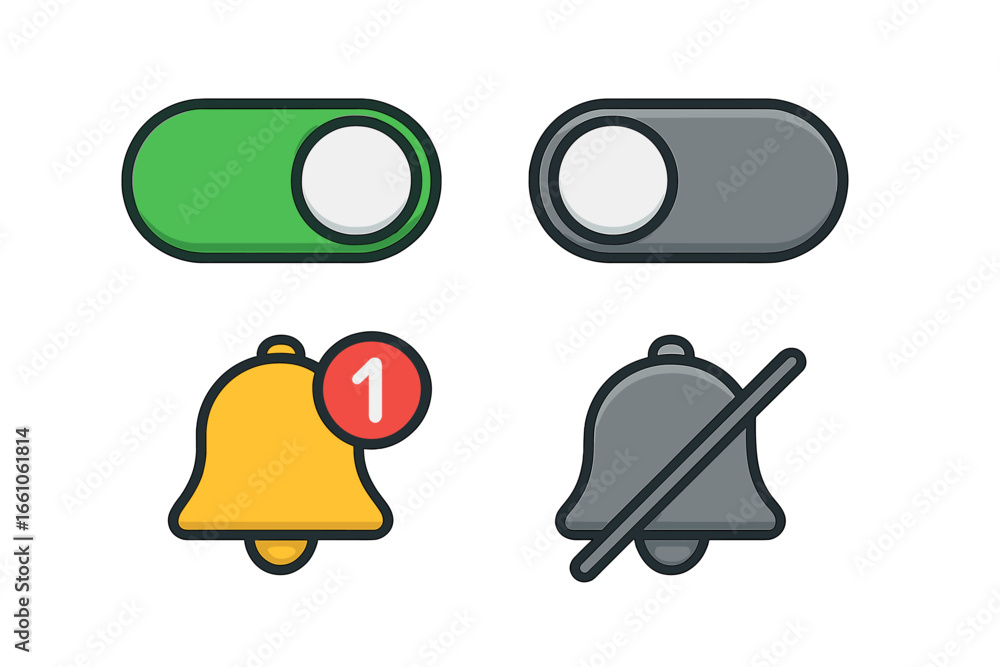 Poster toggle switch and notification bell icons. on and off state buttons for user interface design. vecto