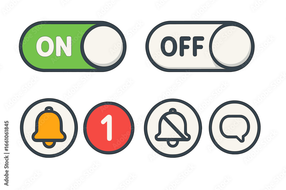Poster toggle switch on and off buttons and notification bell icons for user interface design. vector carto
