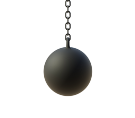 Wrecking Ball and Chain: A sleek, metallic wrecking ball suspended from a sturdy chain, poised to symbolize force, destruction, and the inevitable crash. 