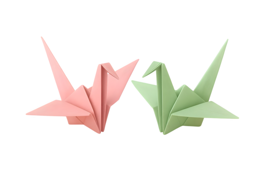 3d icon of closeup of two origami cranes in pink and green isolated on transparent background