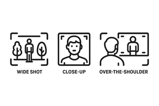 Cinematic Camera Angles Icon Set. Outline Vector Icons of Wide Shot, Close-Up, Over-the-Shoulder, Film Framing. Modern Cinematography Techniques, Camera View Types, Movie Production Symbols