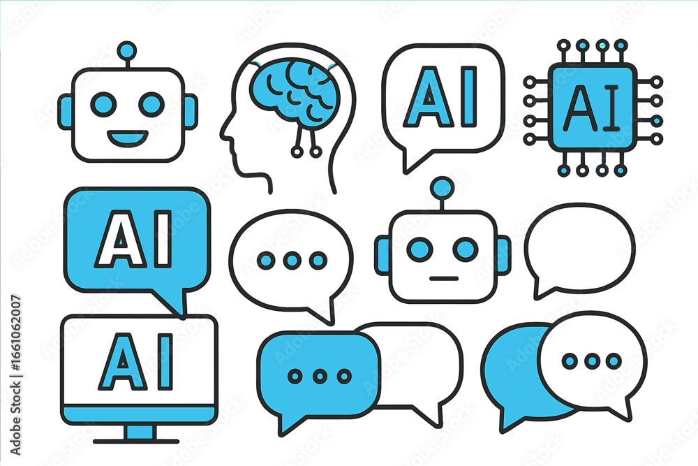 Poster ai icon set. artificial intelligence, chatbot, robot head, communication. tech support bot symbol. b