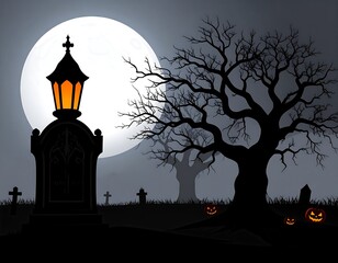 Illuminated graveyard scene at night, featuring a large bare tree and glowing jack-o'-lanterns