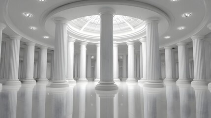 A bright hall with many columns and a circular skylight exudes classical architectural sophistication indoors.