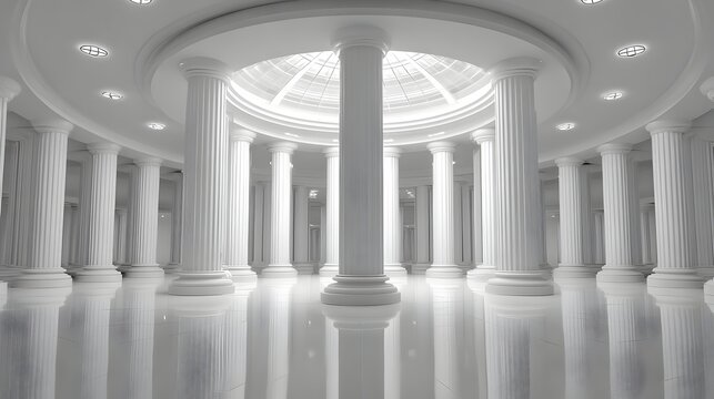 A bright hall with many columns and a circular skylight exudes classical architectural sophistication indoors.