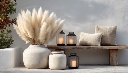 Cream-toned outdoor decor with pampas grass