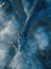 A massive, ethereal blue dragon soars above a city skyline, shrouded in mist