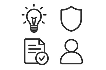 Business and Technology Icons Set. Lightbulb Idea Symbol, Security Shield, Verified Document, User Profile. Modern Line Art Vector for Innovation, Protection, Identity, Approval Concepts