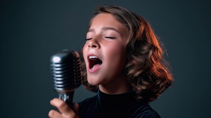 A young girl of Hispanic descent sings passionately into a vintage microphone, showcasing her musical talent in a moody, artistic setting.
