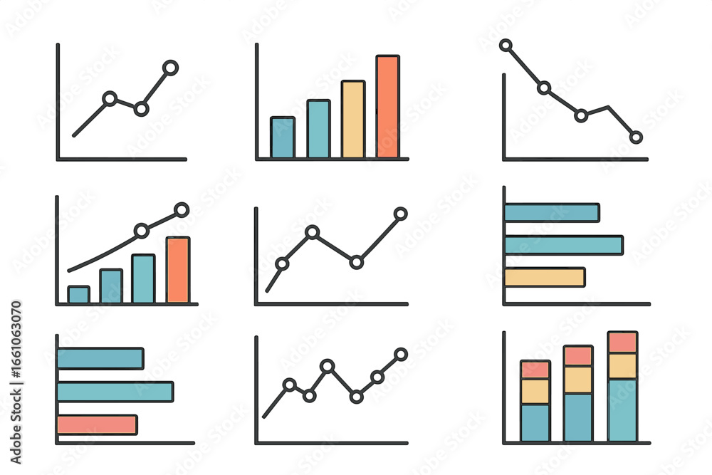 Poster data visualization vector set with line and bar chart icons for analytics, business reporting, stati