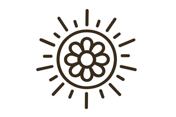 Floral sun symbol. Minimalist line art icon with flower. Vector design for summer, warmth, energy, nature, growth. Sunshine logo. Boho spiritual tattoo sketch. Daisy logotype.