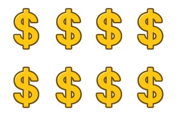 Set of gold dollar signs. Money symbol icon collection. Financial prosperity and wealth concept. Vector cartoon illustration for business, economy, finance, success, and profit.