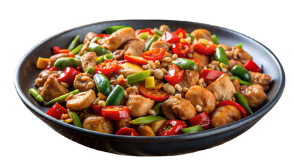 A black bowl filled with stir fried chicken vegetables and peanuts on a white background plate view