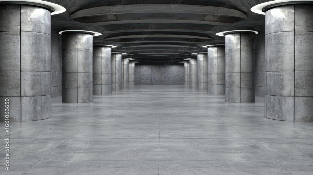 Poster a long corridor with gray walls and floor, featuring a series of evenly spaced columns and a curved 