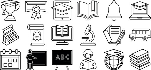 Educational icons representing learning, achievement, and knowledge across various academic subjects and activities