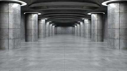 A long corridor with gray walls and floor, featuring a series of evenly spaced columns and a curved ceiling.