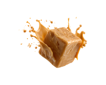 A caramel-colored cube appearing to float or fly through the air