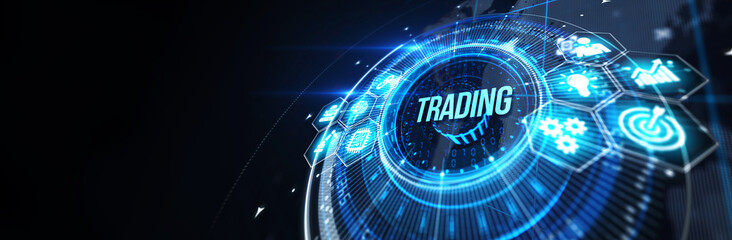 Trading word on digital screen, global communication concept. 3d illustration