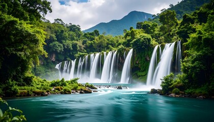 Fototapeta premium Lush waterfall cascading into a turquoise pool, surrounded by vibrant greenery and mountains