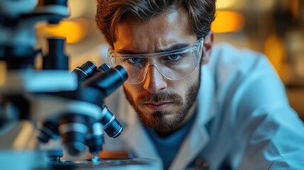 Man looking through a microscope at something in the background portrait