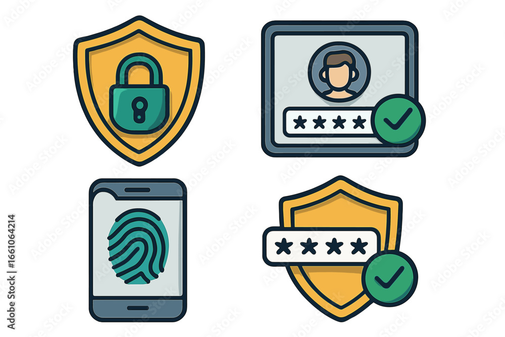 Poster security icon set. cybersecurity concepts for digital protection. password, fingerprint login, 2fa, 